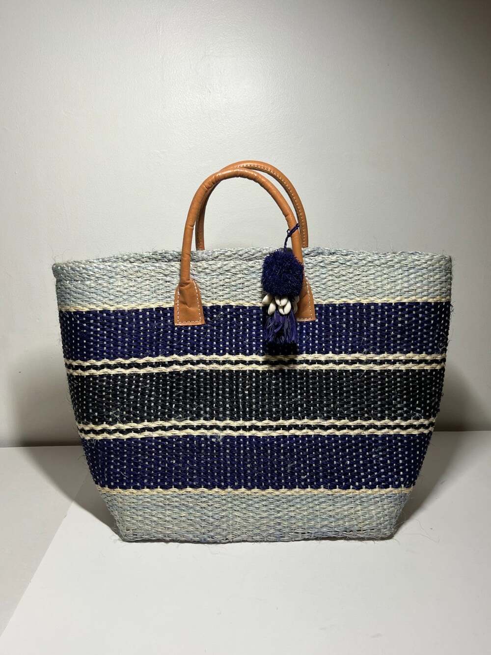 Hatattack Blue Striped Woven Straw Beach Leather Handle Tote Bag Purse Shopper